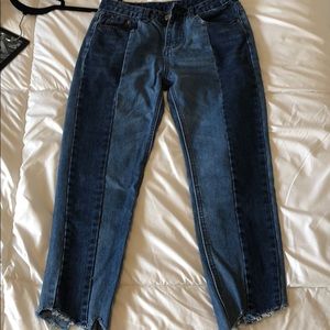 Mixed color jeans with ripped ankle look